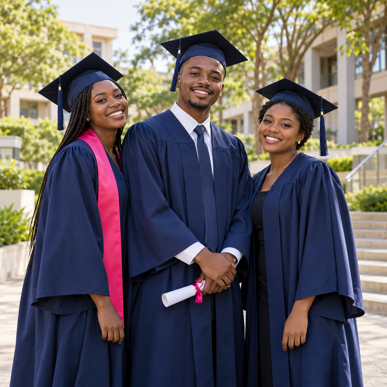 Illustrative image of three African young adult graduates celebrating together on a university campus