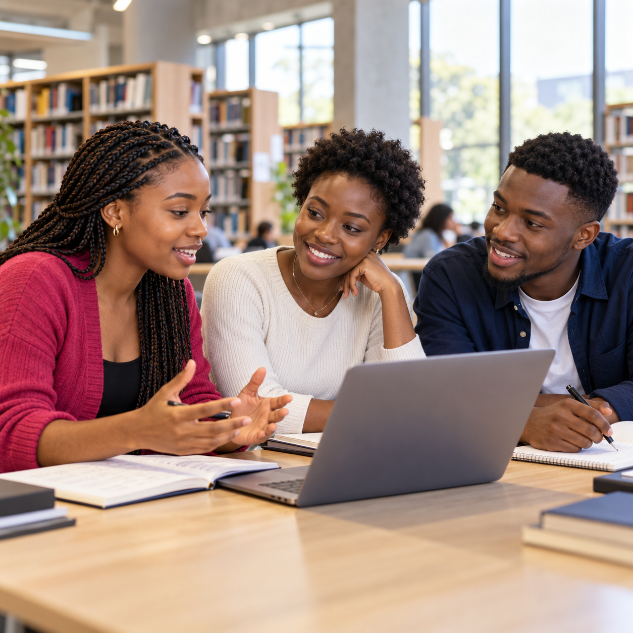 Illustrative image of three African young adults sharing ideas around a laptop in a university library
